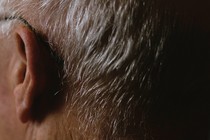 A man's head from behind, showing his ear and gray hair and fading into black