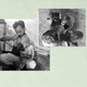 A collage of three black-and-white photos of the Ferany family, showing a cat next to an empty pan, the father feeding a baby from a small pot, and four children eating from a pot.