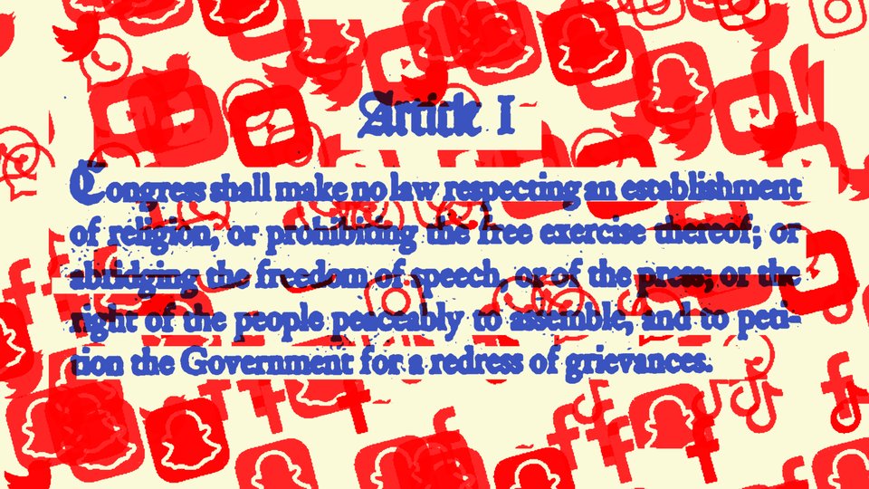 Illustration of the text of the First Amendment with logos of various social-media companies in the background
