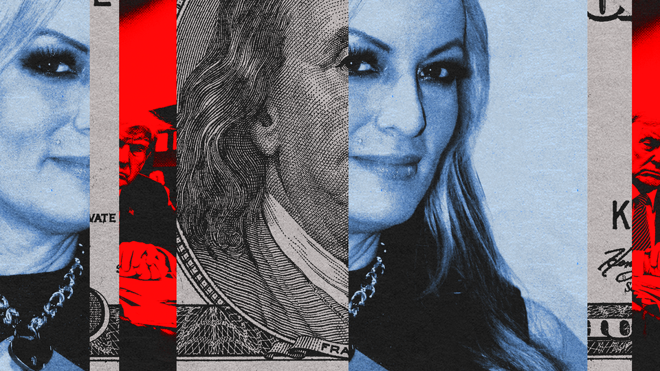 An illustration featuring Trump, a hundred-dollar bill, and Stormy Daniels