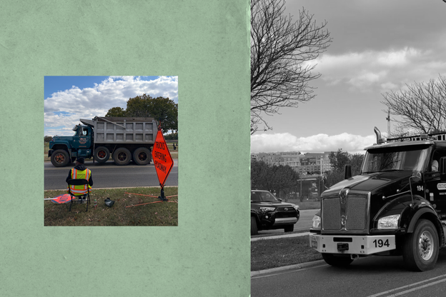 Image of construction worker sitting on side of the road, video of a truck going by.