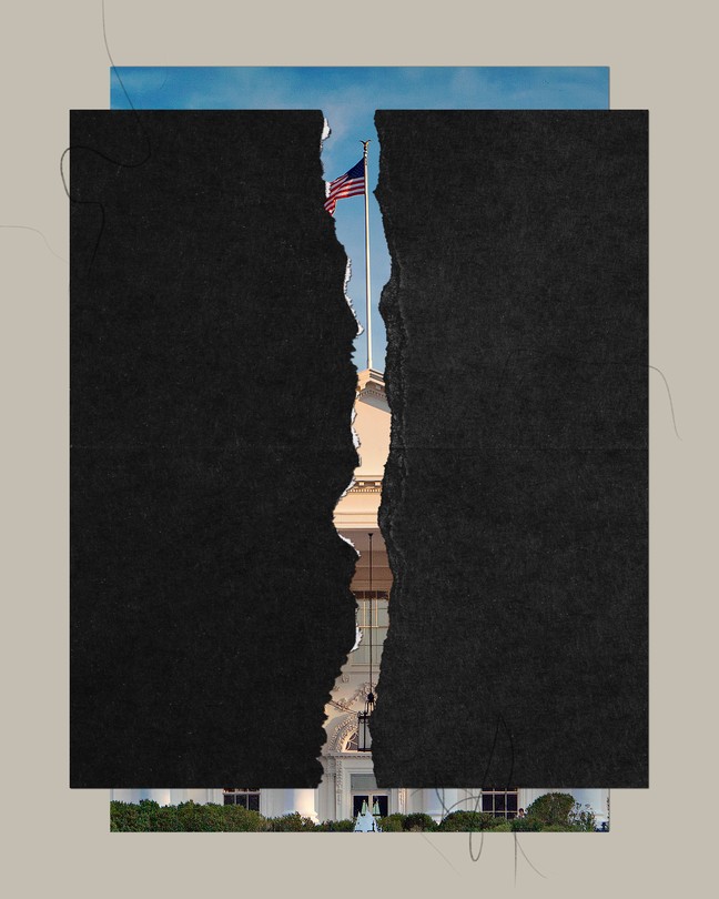 Torn pieces of paper on top of a photo of the American flag over the White House