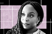 Photo-illustration of Chimamanda Adichie against a mauve-and-black background