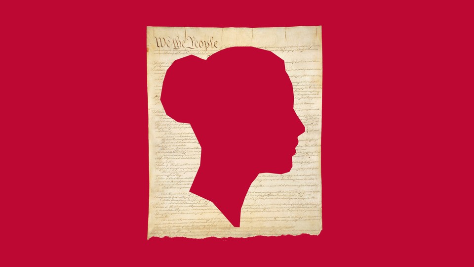 Illustration showing the preamble of the manuscript of the Constitution, cut to reveal the silhouette of a woman's profile