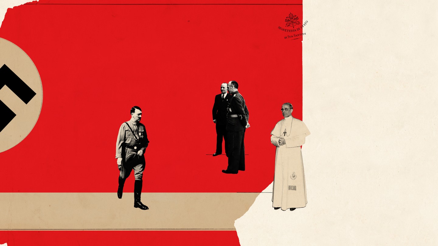 Black-and-white images of four men set against a background that's two-thirds red and a third white. The pope stands against the white background, but with red encroaching.