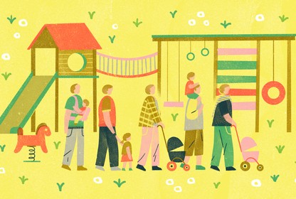 A colorful illustration of a playground with five dads walking through pushing strollers, accompanied by three children