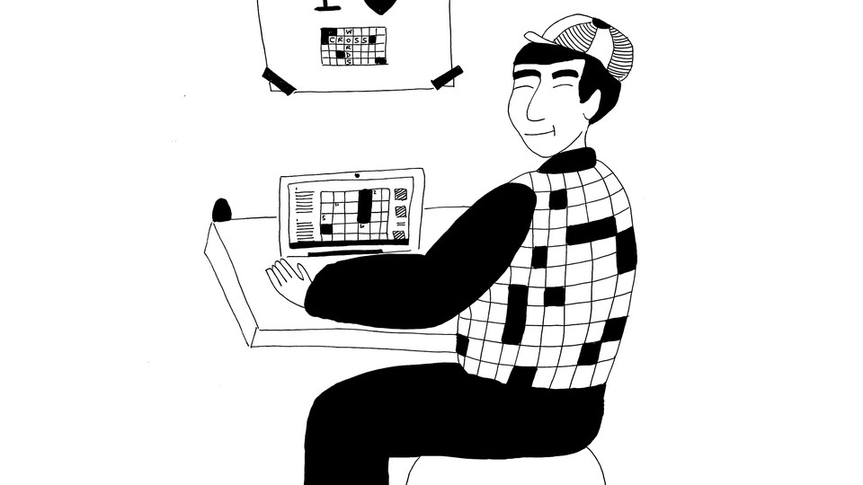 Illustration of a person wearing a crossword jacket and sitting at a desk, working on a crossword puzzle on a laptop. An "I Heart Crosswords" poster is taped up on the wall.