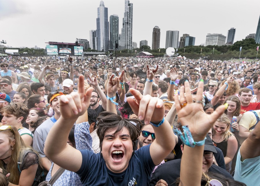 A large festival crowd cheers.