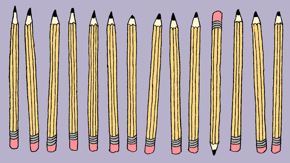 A row of pencils pointing upward, with just one pencil facing down