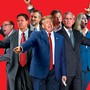 Photo illustration of group of Republicans, including Donald Trump, Marjorie Taylor Greene, Kevin McCarthy, and others, standing in a circle and shouting on red background