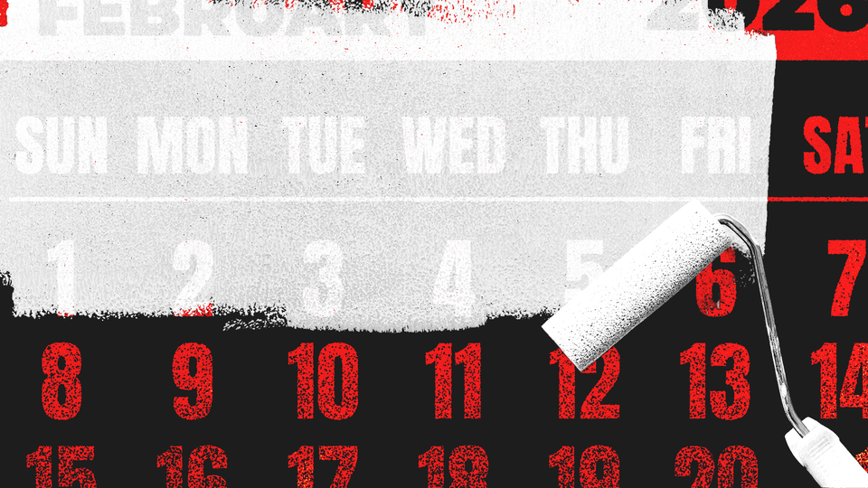 Illustration of a February calendar being painted over in white with a paint roller