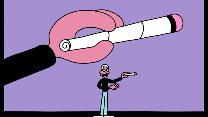 An illustration of a figure wearing jeans and a black shirt standing on a stage holding a joint