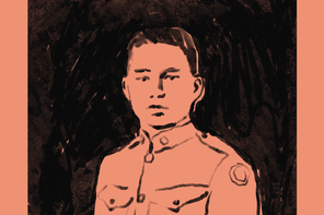 Illustration with black sketch of a man in a military uniform, on a dark-orange background.