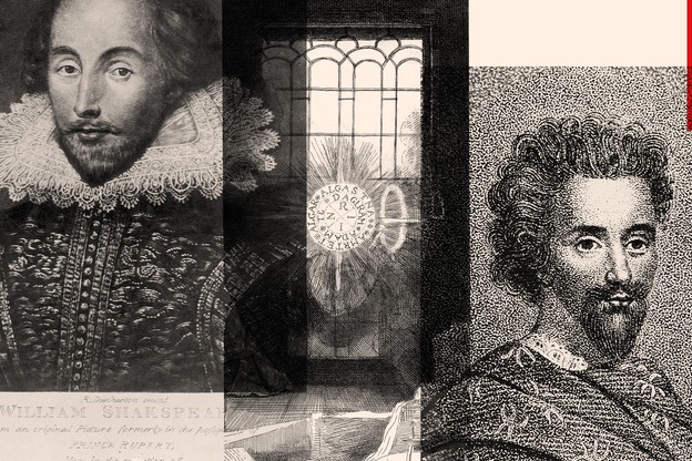 Illustration using two photos of bearded men, William Shakespeare and Christopher Marlowe
