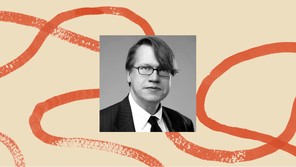 A black-and-white headshot of Geoffrey Kabaservice, bordered by an illustration