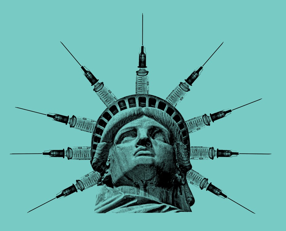 Statue of Liberty with her crown's spikes replaced by syringes. 