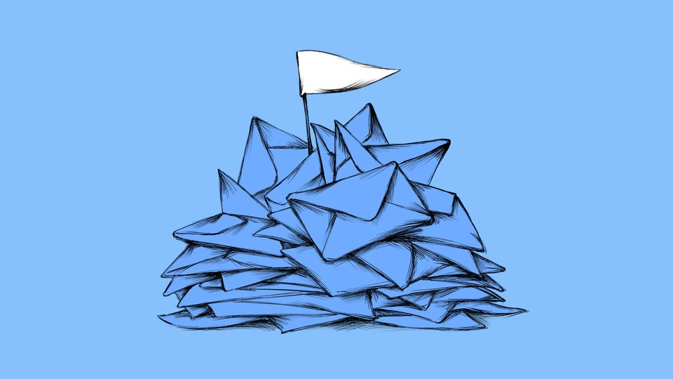 a white flag poking out of a pile of blue envelopes