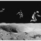 A series of astronauts floating through a dark expanse of space over a moon-like, cratered surface