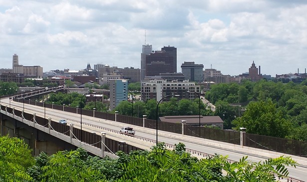 Downtown Akron, from the city's North Hill neighborhood, over the Little Cuyahoga River Valley. Akron is one of countless cities whose recovery plans have been upended by the pandemic.
