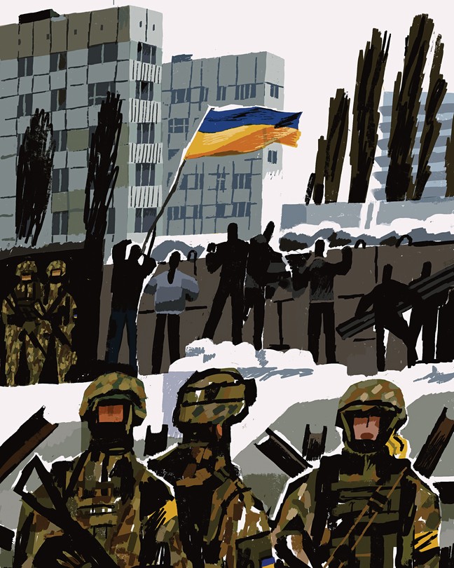 illustration of people looking over a barricade waving Ukrainian flag with snow and high-rise buildings behind and soldiers in foreground