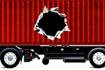 Illustration of a shipping-container truck with a hole ripped into its side