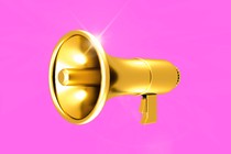 An illustration of a golden megaphone against a hot-pink background