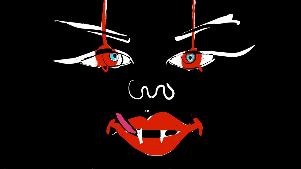 An illustration of a face where someone is licking their red lips with visible sharp teeth
