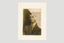a collaged photo-illustration with a black-and-white photo of young man in suit and tie over a typewritten letter and a yellowed piece of college-rule notebook paper