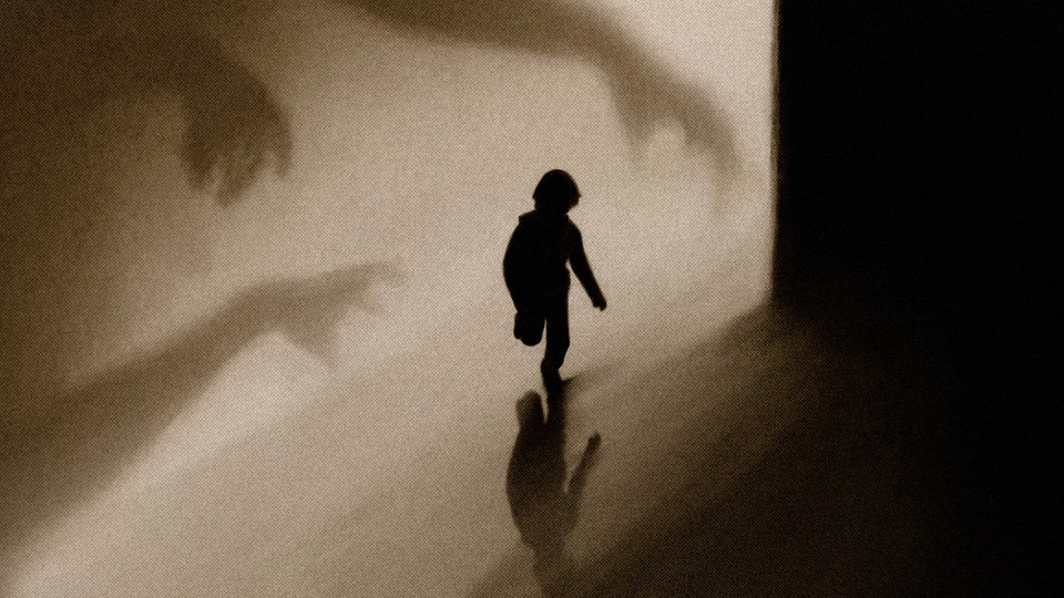 Photo illustration of a child running from shadowy hands.
