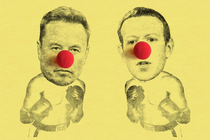 Elon Musk and Mark Zuckerberg posed as boxers, wearing red clown noses.