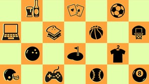 A chess checkerboard with various icons.