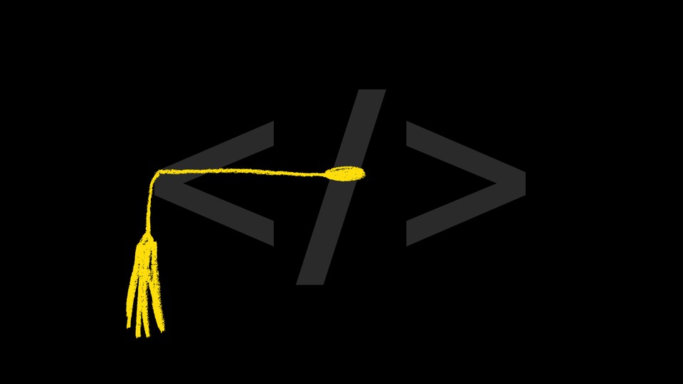 An illustration of code in the shape of a graduation cap with a tassel on top