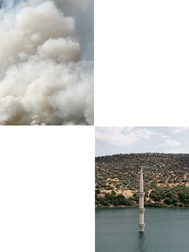 Photo left showing smoke and tear gas in the sky as Turkish police and protesters clash near Taksim Square on the first day of the Gezi Park protests.  Right: The minaret of the sunken mosque emerges from the reservoir of the Biresik dam.