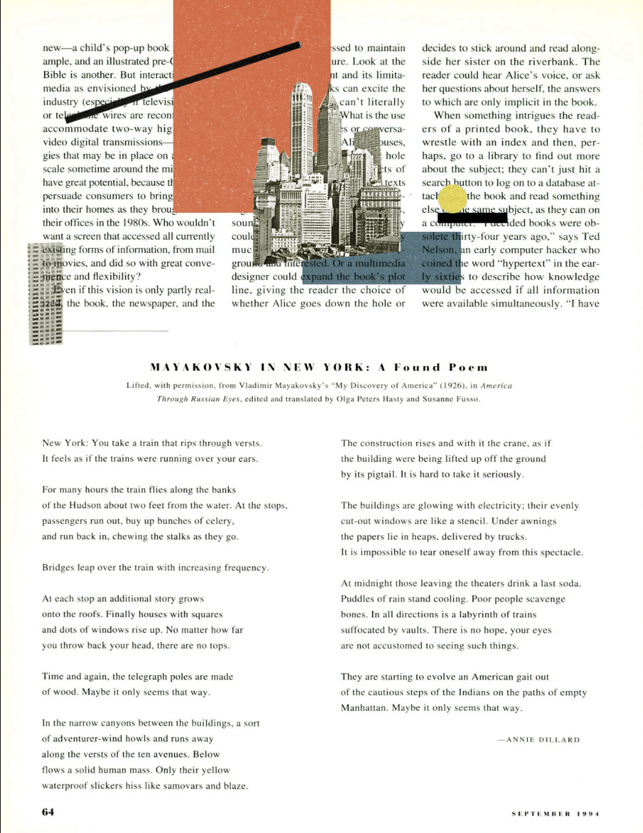 The original magazine page with an image of the Manhattan skyline and red and blue color blocks collaged on top