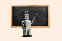 A robot holding a pointer before a blackboard
