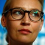 Co-lead AFD candidate Alice Weidel against a blue backdrop.