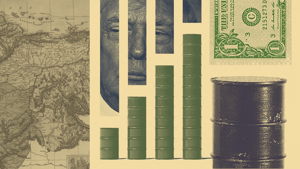 Collage including images of oil barrels, President Trump, and a vintage map of Venezuela
