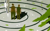 Two people stand in a forest setting, staring at a dark figure. A drafting compass draws circles around them, revealing the landscape.