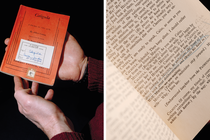 2 photos: person's hands holding small orange-covered bound script with white label; close-up of script with handwritten note with an X next to a line about a man's hand in a woman's shirt