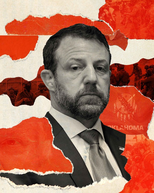 A collage of a black and white photo of Markwayne Mullin, surrounded by red strips of paper