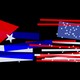 An illustration of the Cuban and American flags next to each other, with the pieces falling apart