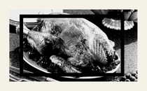 Black-and-white photo of a roast turkey