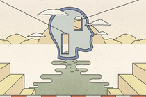 A head in profile with stairs, graduation cap, and document