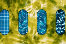 Illustration of four blue pill shapes with varyingly wavy white lines over a psychedelic green background