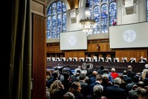 Judges led by President Joan Donoghue attend the International Court of Justice, in The Hague, prior to the hearing of the genocide case against Israel, brought by South Africa.