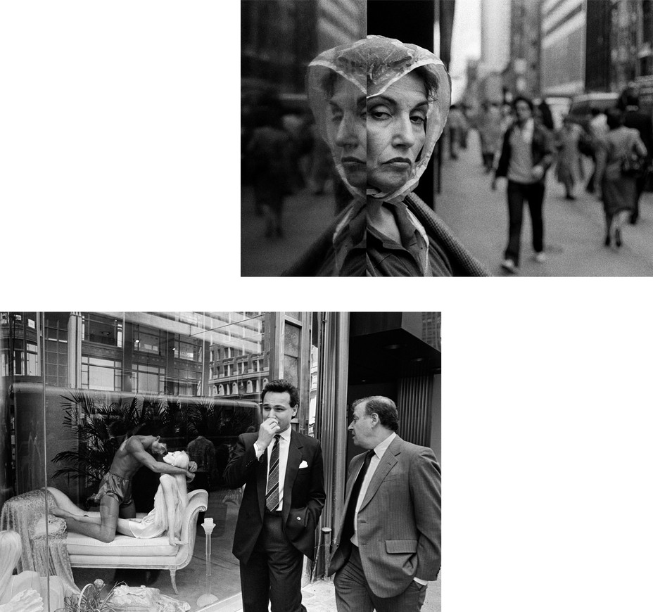 Offest Diptych: Right: A woman looks at the camera in a rain kerchief.  Left: men walk by a store window with mannequins in an embrace.