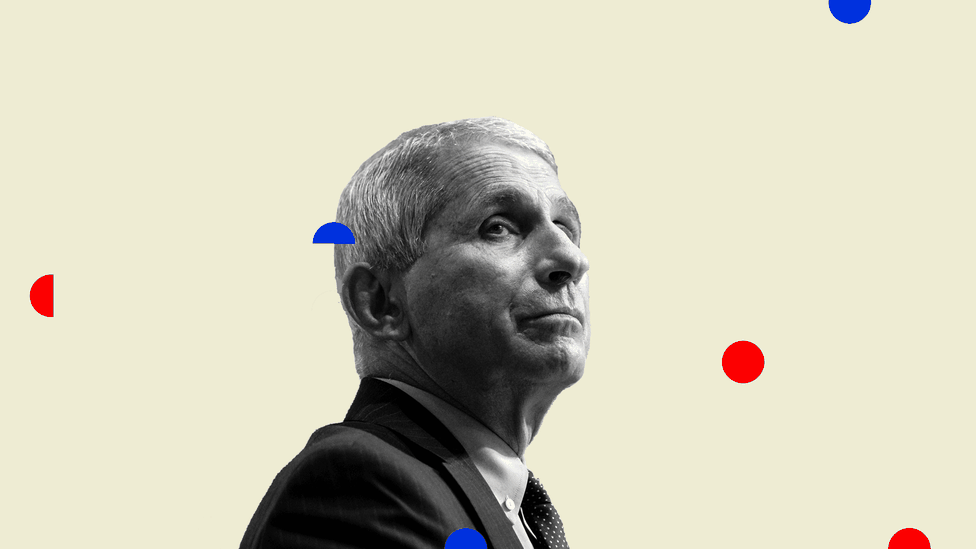 A black-and-white headshot of Anthony Fauci. The beige background behind him has red and blue dots.