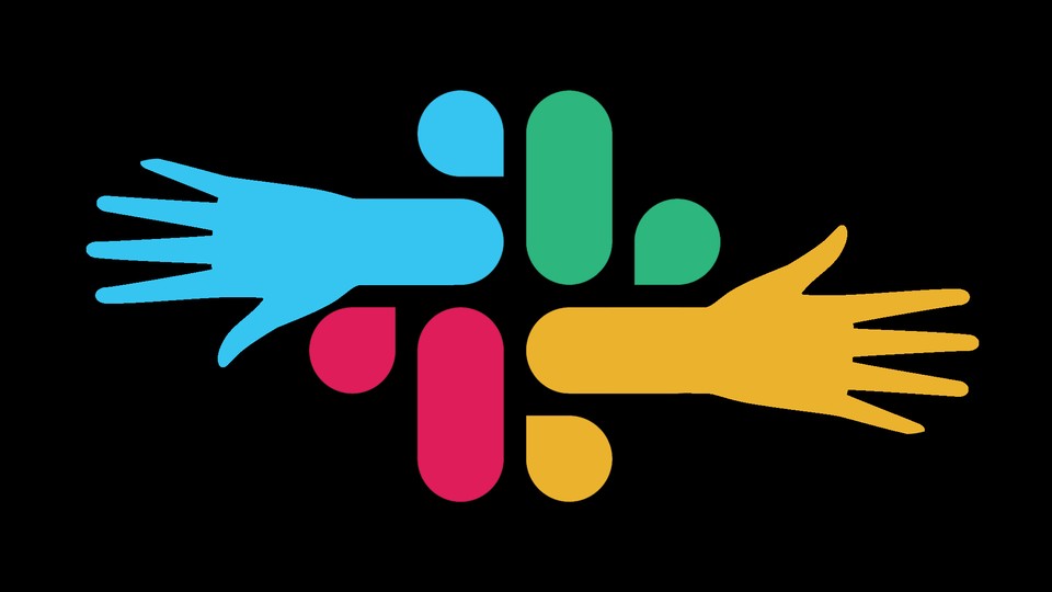 Slack logo with hands reaching out of it