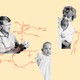 Black-and-white photos of a man, a woman holding a baby, and a baby are collaged onto a peach-colored background with red map lines printed on top.