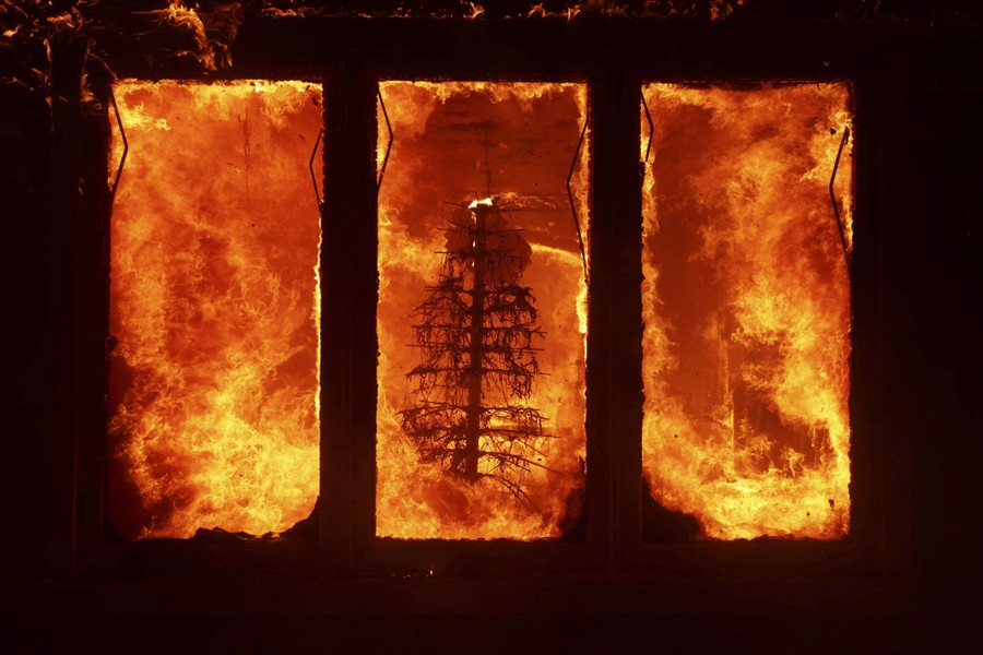 The charred remains of a Christmas tree inside a burning house, viewed through a window.
